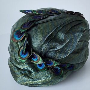 André Vintage Turban Hat Womens One Size Green Peacock Feather Pleated Millinery